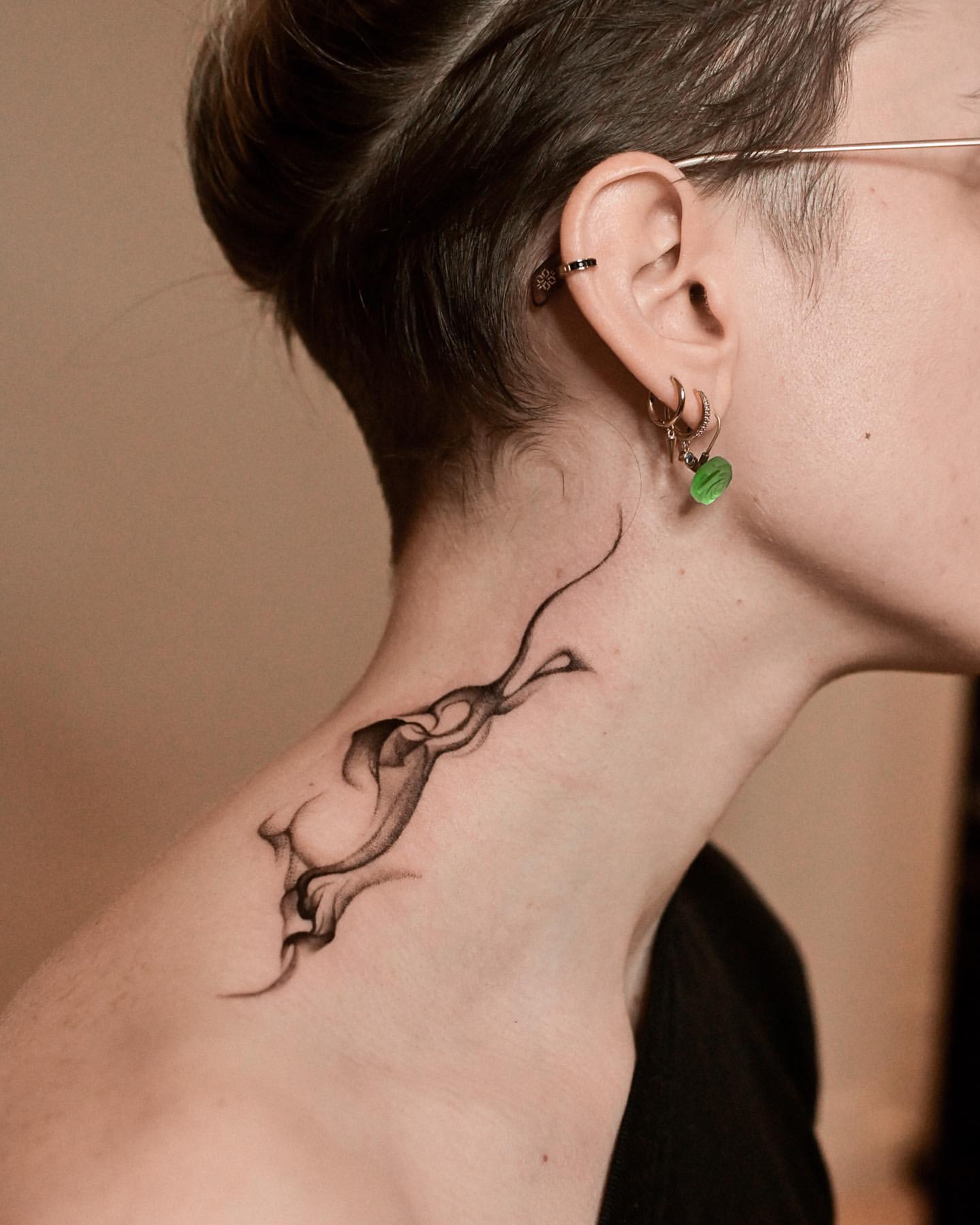 Abstract Wave Linework Side Neck Tattoo