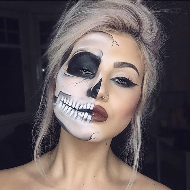 Attractive Half Skull Half Face Halloween Makeup