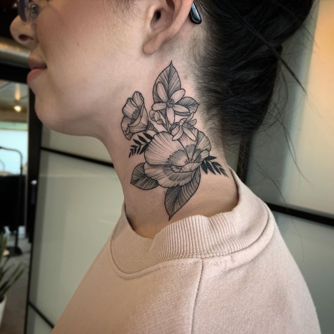 Blossoming Grace Floral Ink Neck Tattoo