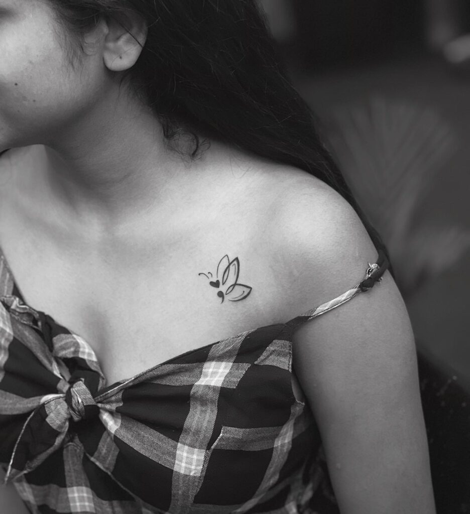 Butterfly Heart Semicolon Collarbone Tattoo