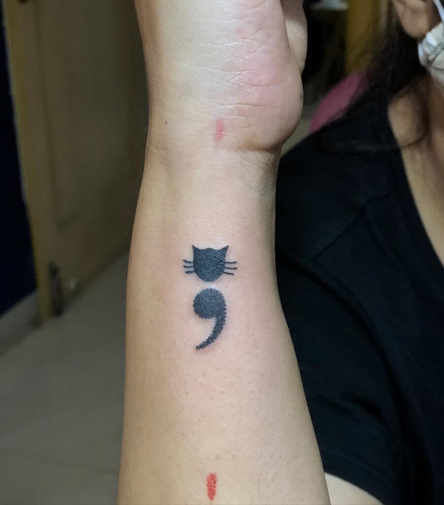 Cat Semicolon Wrist Tattoo