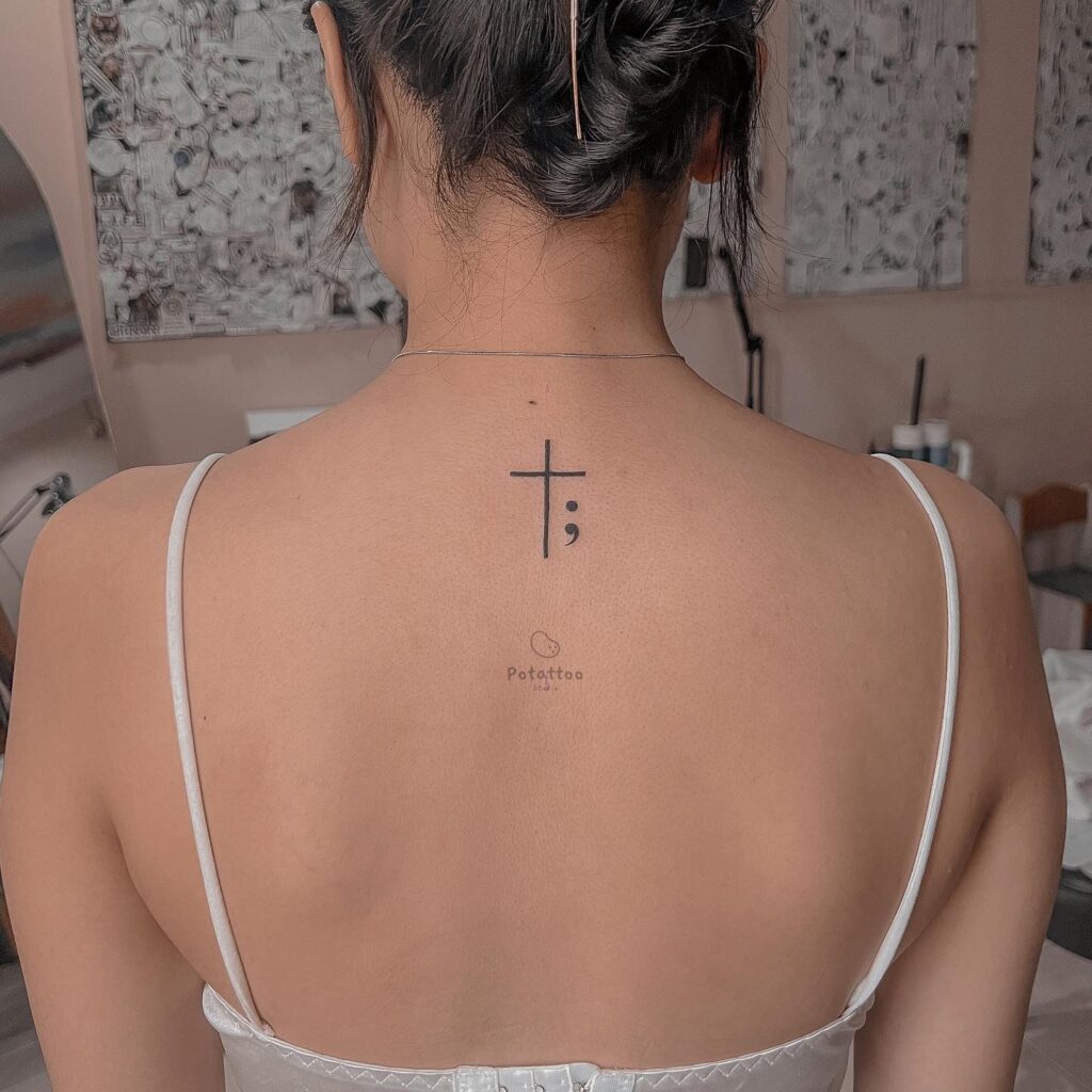 Cross and Semicolon Neck Tattoo