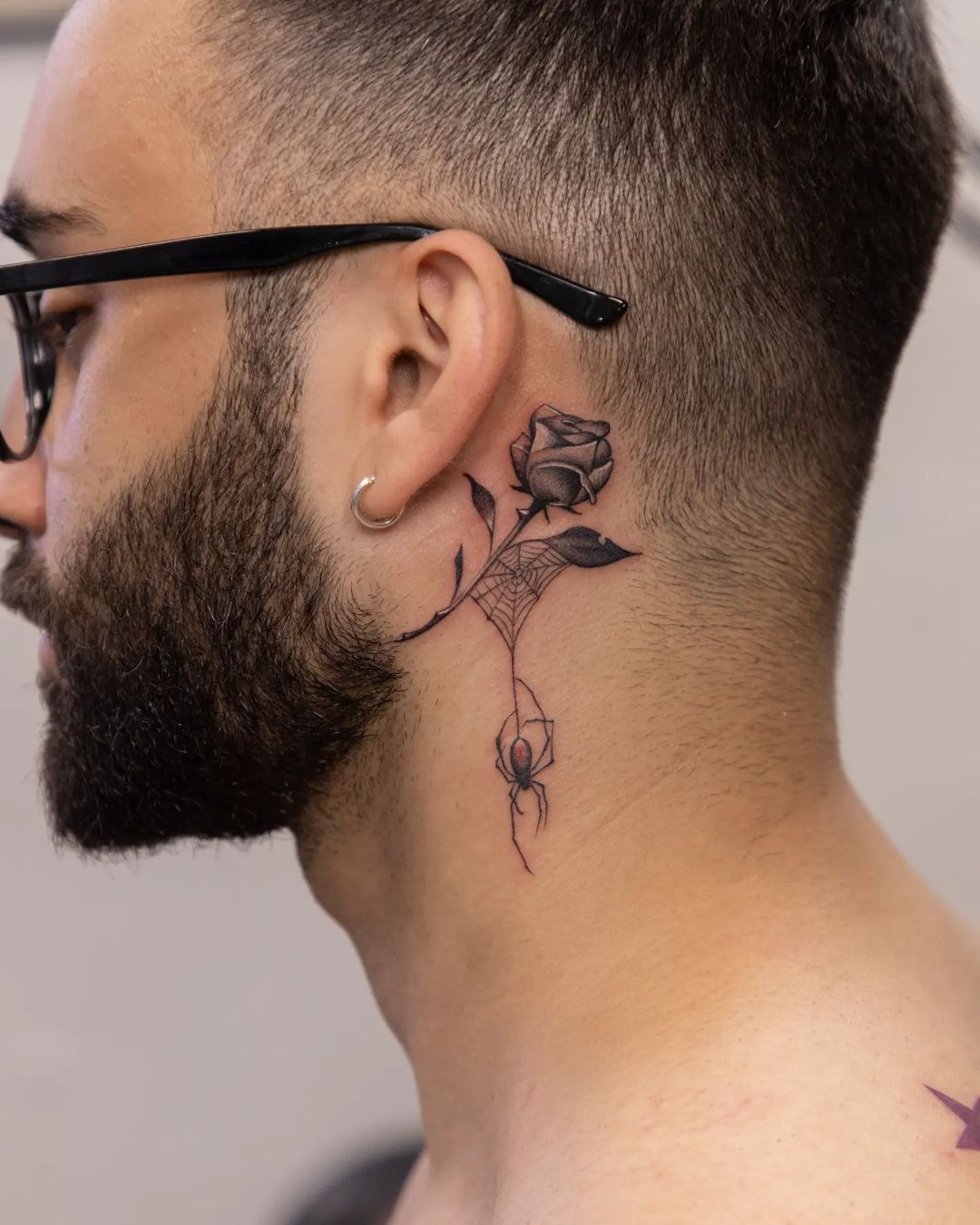 Floral Neck Tattoo with a Spider Web