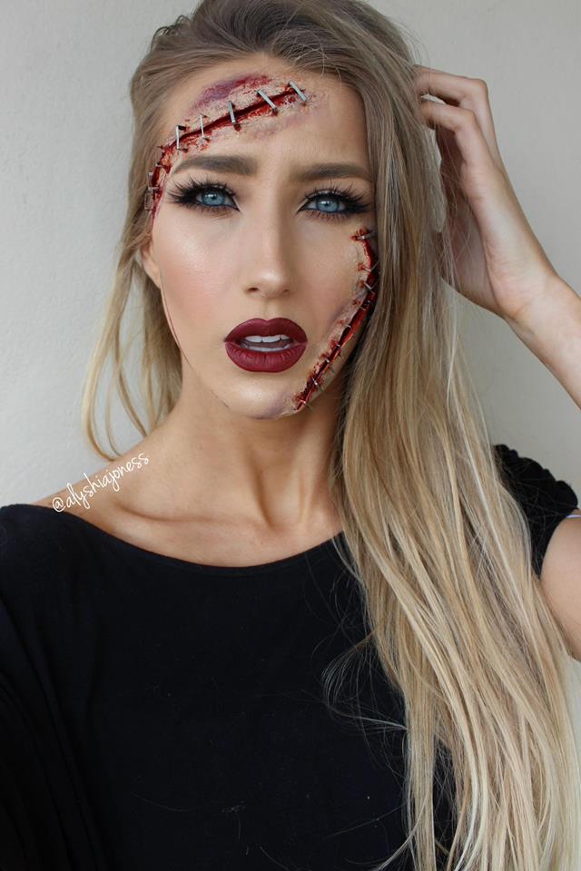 Halloween Party Cut-up & Stapled Face Makeup Idea