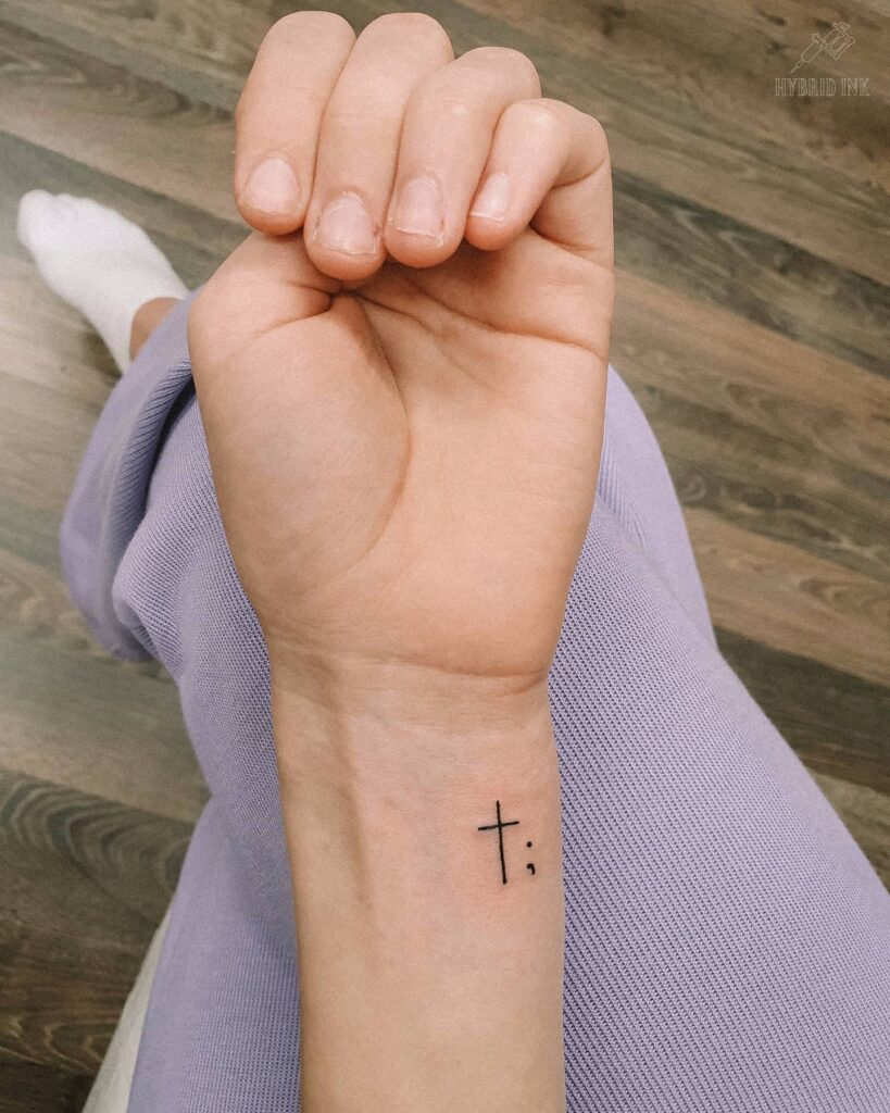 Micro Cross and Semicolon Wrist Tattoo for Girl