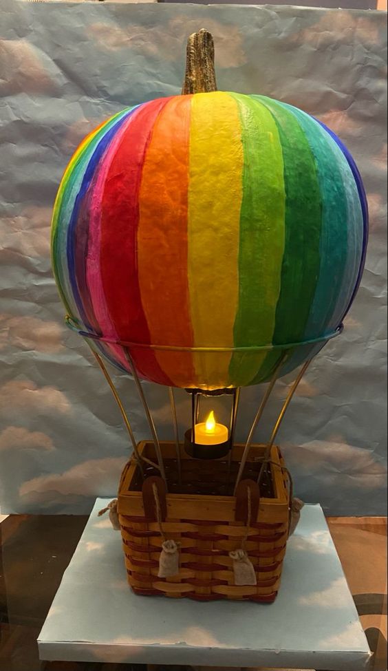 Pumpkin decorated as hot air balloon