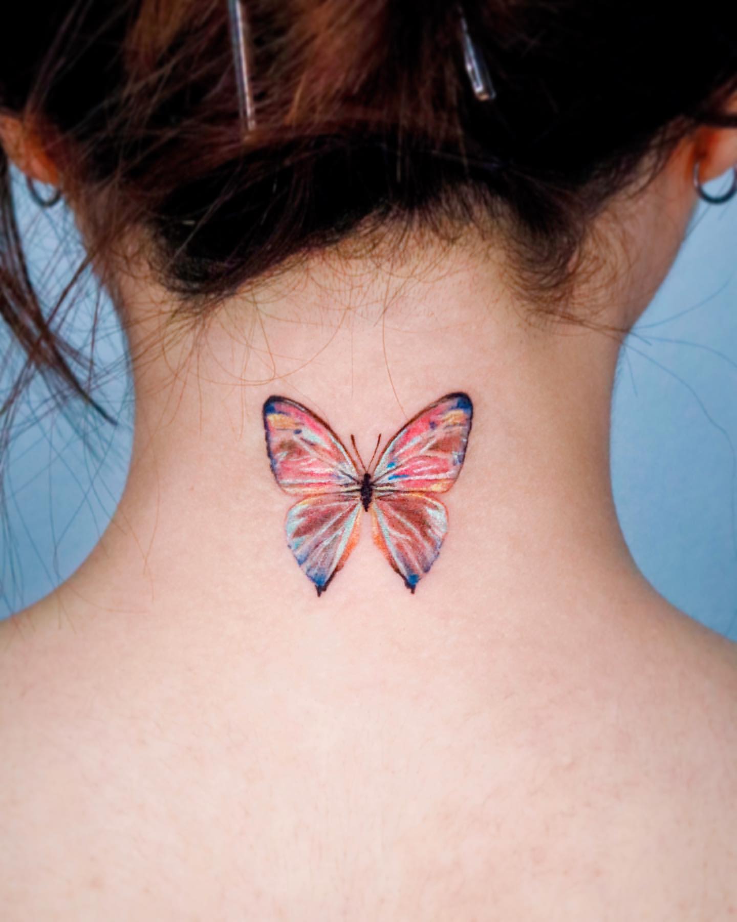 Rainbow Watercolor Butterfly Neck Tattoo!