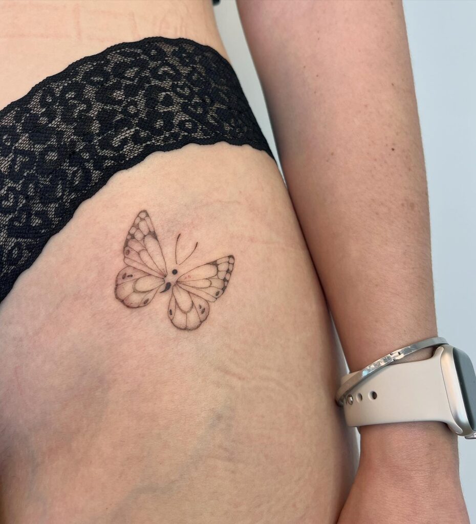 Semicolon Butterfly Hip Tattoo