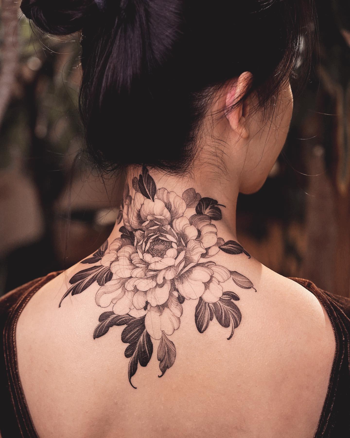 Shaded Japanese Chrysanthemum Back Neck Tattoo