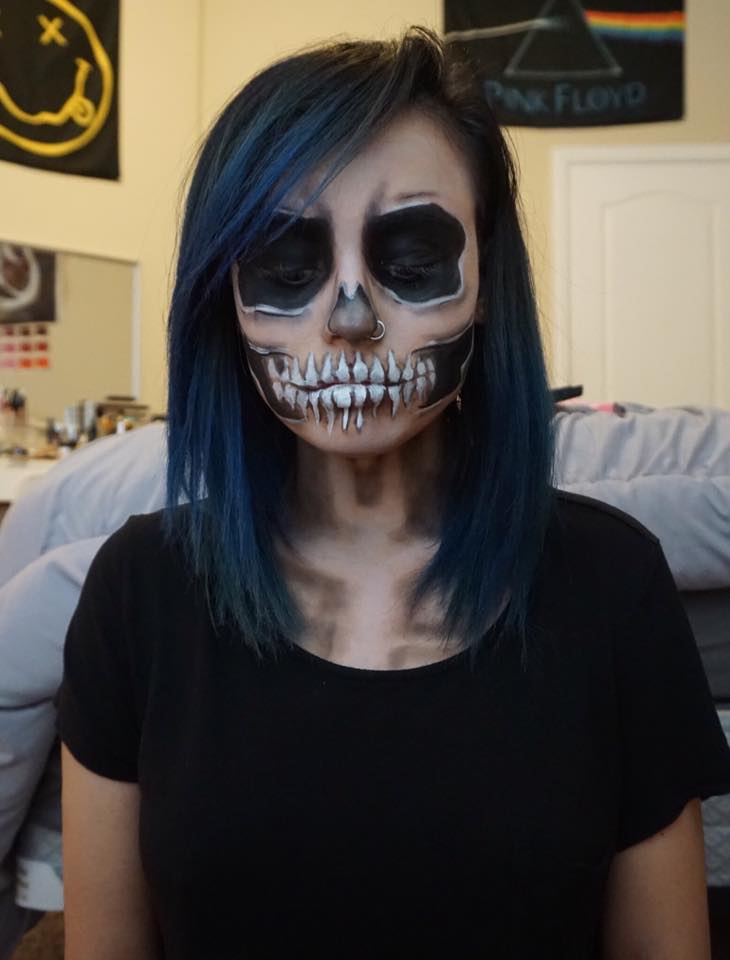 Skillfully Painted Deep Eye Pockets and Skull Face Halloween Makeup