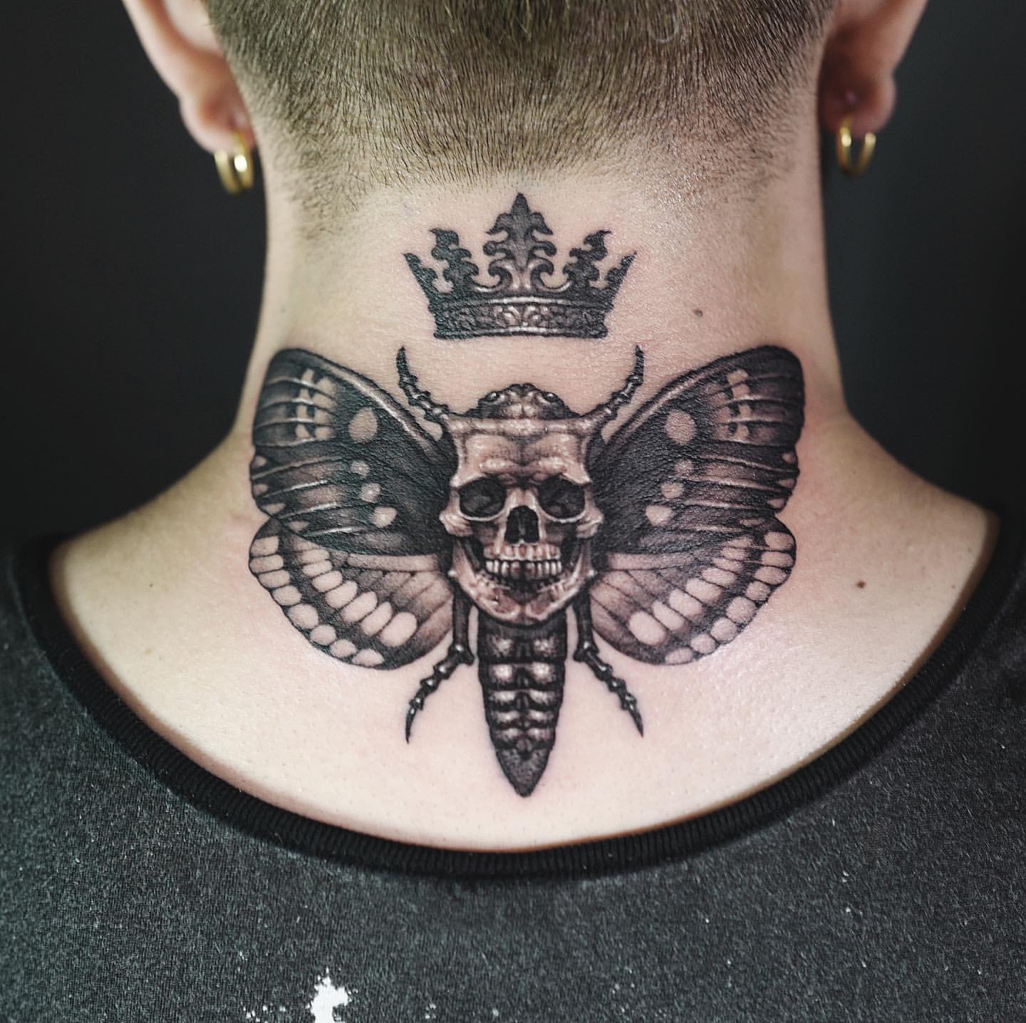 Skull Moth Neck Tattoo for Men