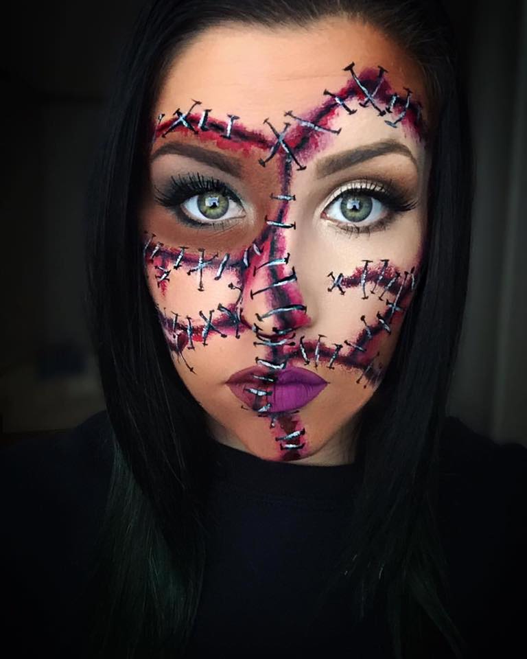 Striking Ripped and Stitched Skin Patches Halloween Face Makeup