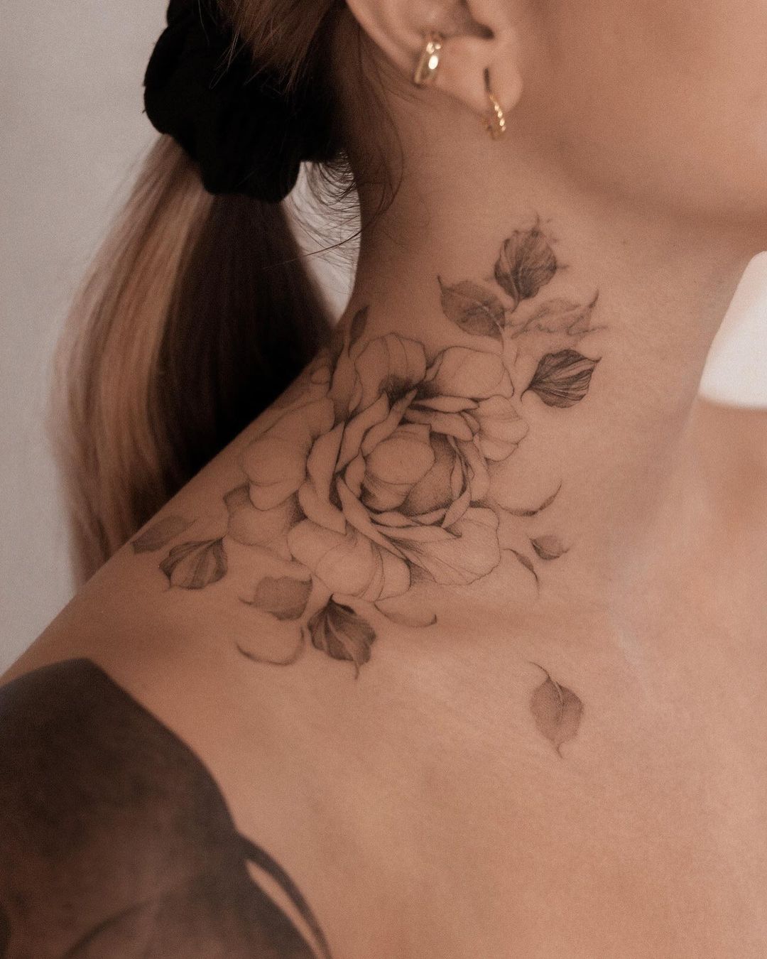 Whispering Rose Ladies Neck Tattoo